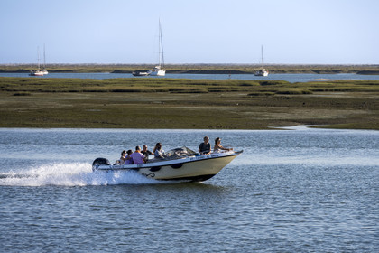 Portugal, Algarve, Faro, boat moving in the lagoon of the Ria Formosa Nature Park
