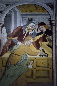 France, Alpes-Maritimes (06), vallée de la Roya, La Brigue, chapelle de Notre-Dame-des-Fontaines, fresques du XVe siècle attribuées à Jean Canavesio, tableau de la trahison de Juda où certains habitants se plaisent à voir une représentation du complot ourdi en 1472 par la Maison de Savoie pour assassiner Honoré de Lascaris