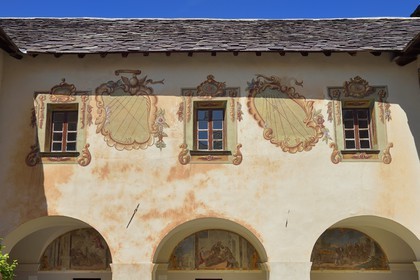 France, Alpes-Maritimes, Roya Valley (Nice hinterland), at the foot of the Mercantour National Park, Saorge, Monastery of Saorge (Centre des monuments nationaux) former Our Lady of Miracles Franciscans Convent, two of nine sundials painted on the arches of the cloister