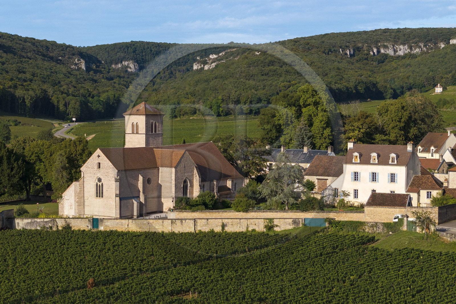 France, Cote d'Or, cultural Landscape of the climates of Burgundy listed as World Heritage by UNESCO, Route des Grands Crus (road of Vintage Wines), vineyard of the Côte de Nuits, Gevrey Chambertin, the Romanesque church of Saint-Aignan