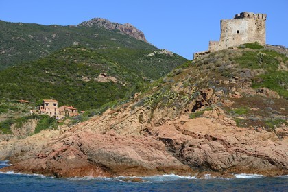 France, Corse-du-Sud (2A), Golfe de Girolata, classé Patrimoine Mondial de l'UNESCO, Girolata sur la commune d'Osani, fortin avec une tour gênoise carrée