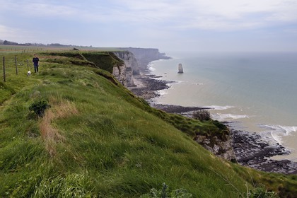 France, Seine-Maritime (76), Pays de Caux, Côte d'Albâtre, randonneur sur le GR21 entre Etretat et Yport, aiguille de Belval et falaise à marée basse