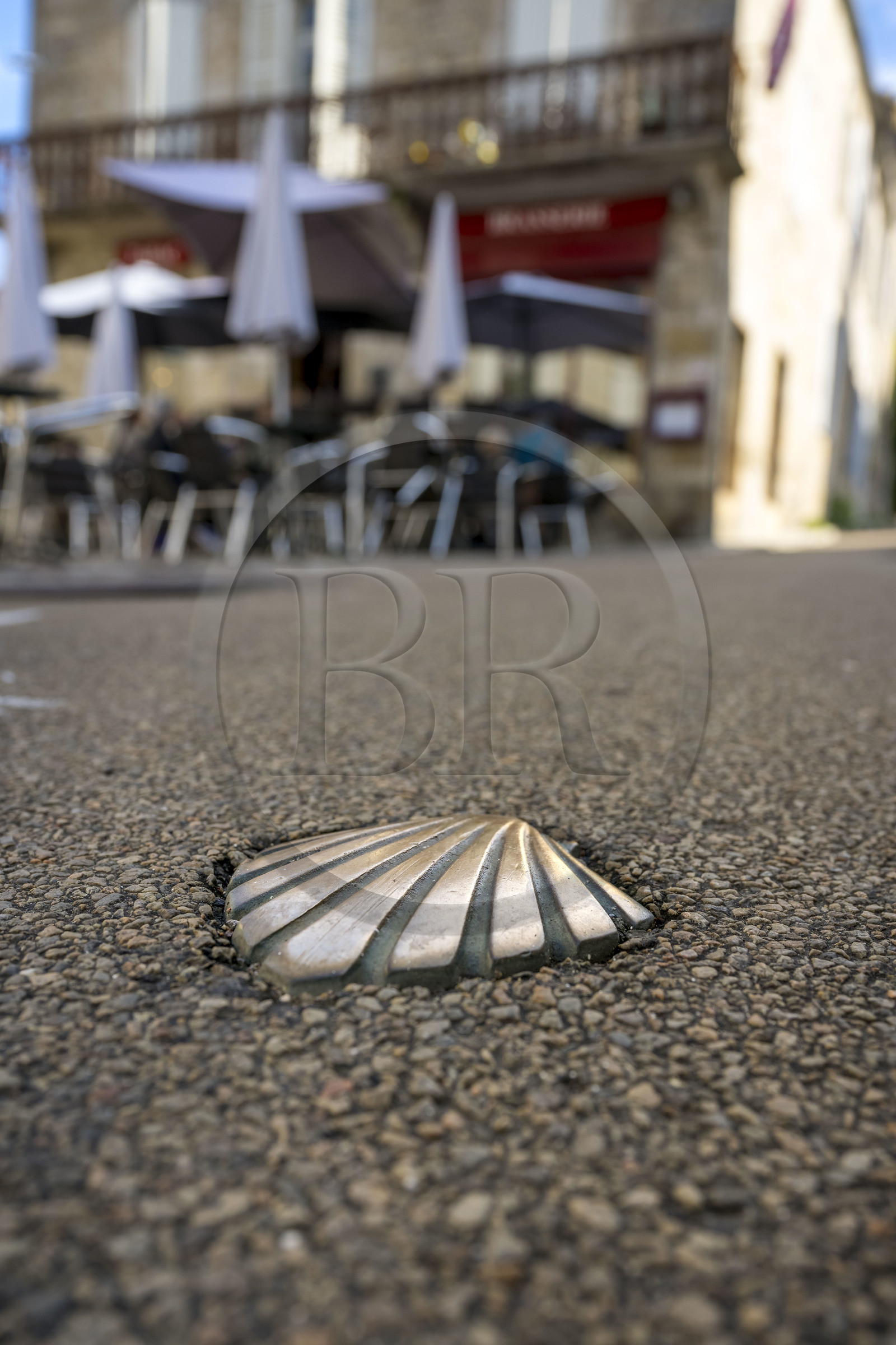 France, Yonne, regional natural park of Morvan, Vézelay, a UNESCO World Heritage site, labelled Les Plus Beaux Villages de France, starting point of one of the main ways to Santiago de Compostela, bronze urban nail that marks the Way of Saint James on the main street