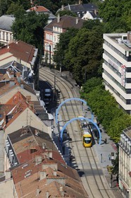 France, Haut Rhin, Mulhouse, tramway going throuth the Arches of artist Daniel Buren