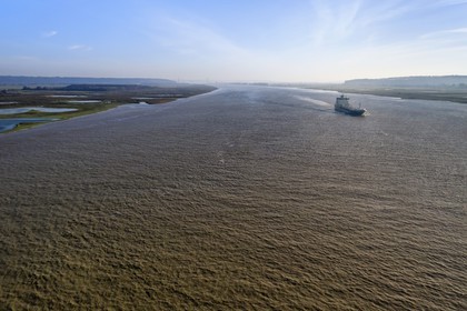 France, Seine-Maritime (76), Réserve Naturelle de l'estuaire de la Seine, cargo descendant la Seine depuis Rouen, le pont de Tancarville en arrière plan (vue aérienne)
