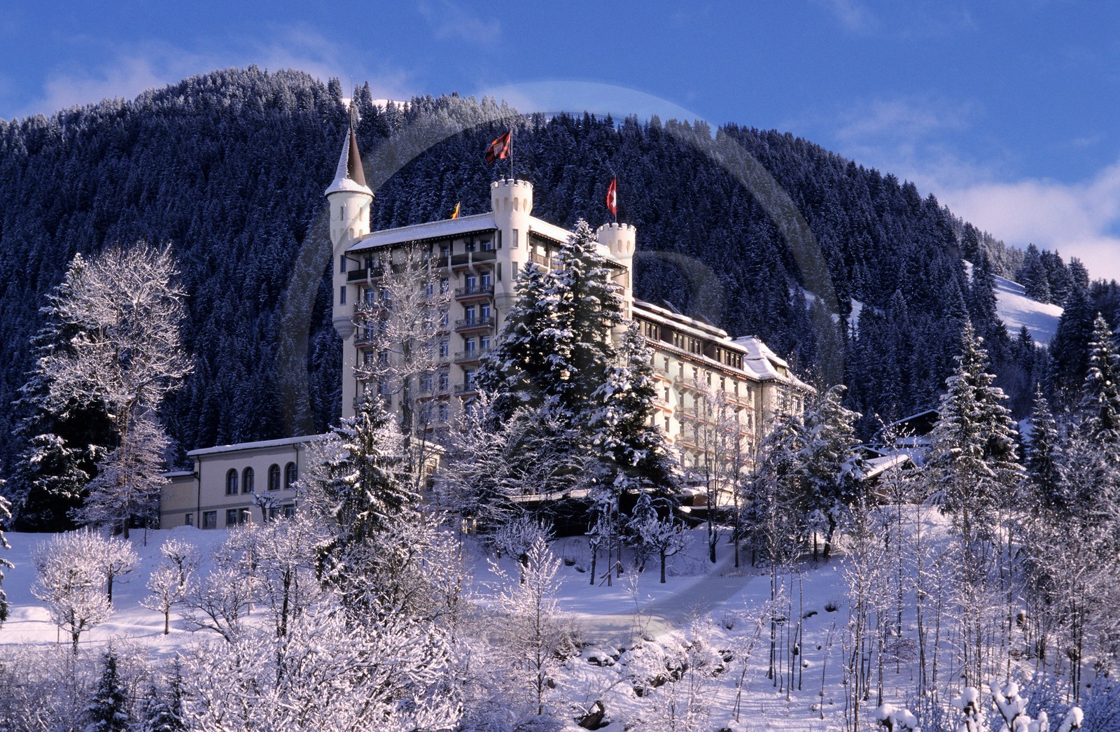 Suisse, région de Bern (Oberland Bernois), Saanenland, Gstaad, le Palace Hôtel sous la neige