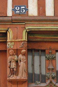 France, Indre et Loire, Tours, half-timbered house with decorated beam in Rue Colbert