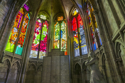 France, Nièvre, Nevers, Saint Cyr et Sainte Julitte cathedral, contemporary stained glass windows by artists Jean-Michel Alberola, Claude Viallat, Gottfried Honegger, Raoul Ubac and François Rouan in Gothic architecture