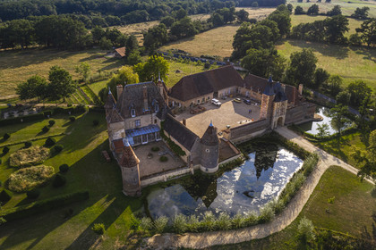 France, Allier (03), former province of Bourbonnais, Chapeau, Chateau de la Cour (15th century to late 16th century) and its moat (aerial view)