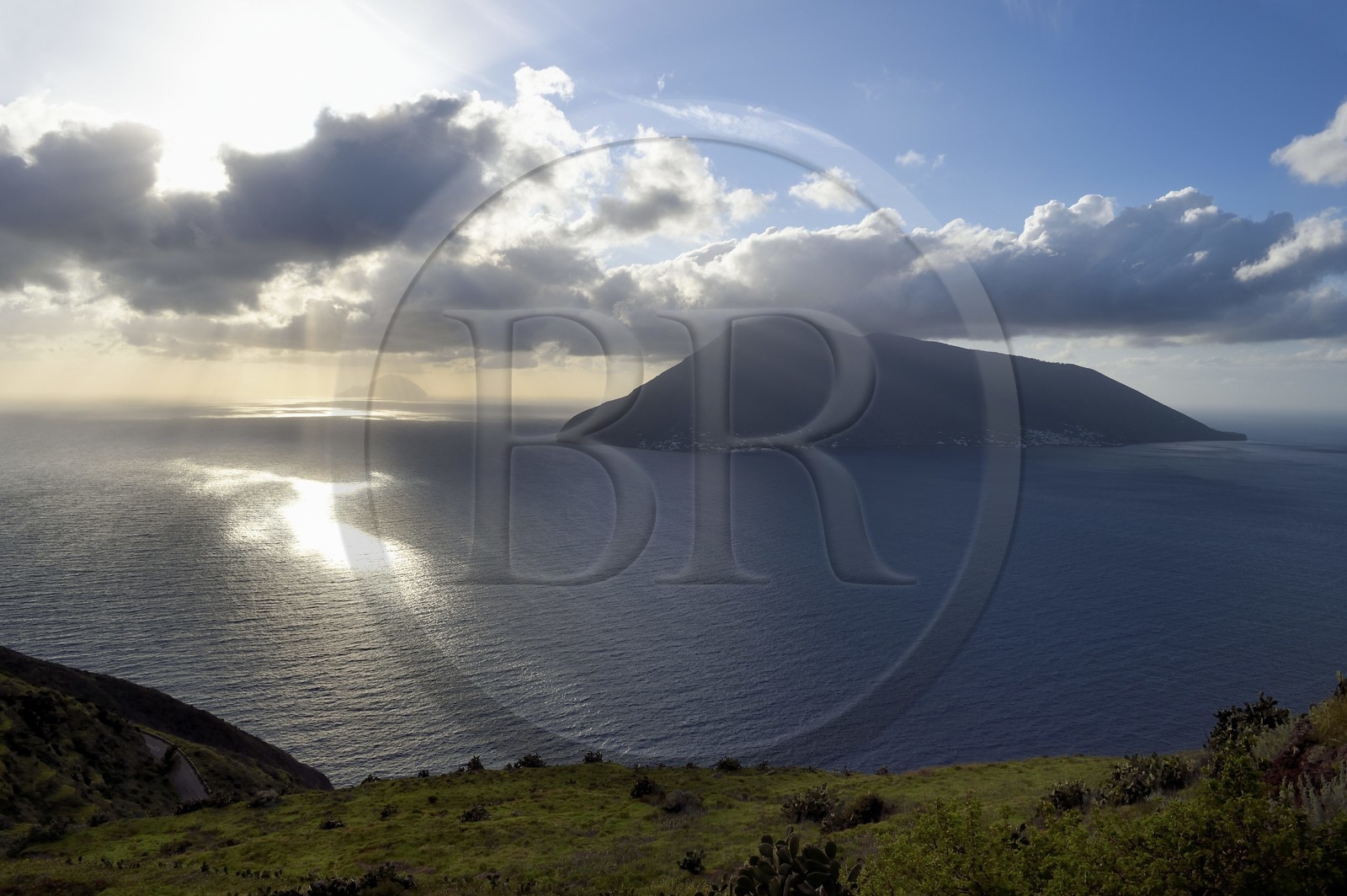 Italy, Sicily, Aeolian Islands, listed as World Heritage by UNESCO, Lipari Island, Northwest coast in Quattropani, Salina Island and Filicudi Island in the background