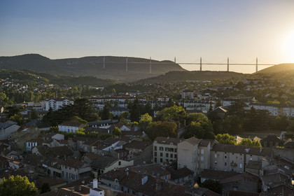 France, Aveyron, Grands Causses regional natural park, Millau city and the Millau viaduct by architects Michel Virlogeux and Norman Foster in the background