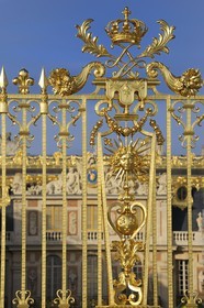 France, Yvelines, Chateau de Versailles, listed as World Heritage by UNESCO, detail of the Royal Gate drawn by Mansart (restored in June 2008) which separating the Royal Courtyard