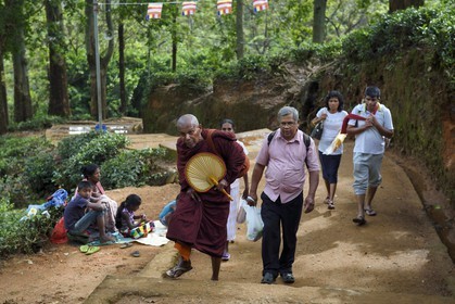Sri Lanka, province du centre, Dalhousie, pélerins et moine sur le chemin menant au Pic d'Adam (Adam's Peak)