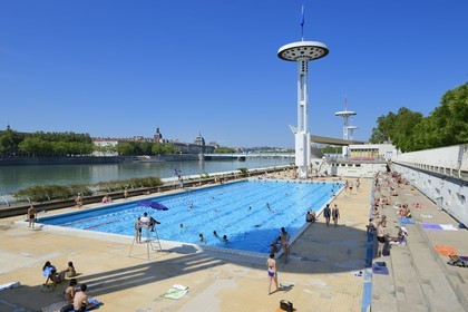France, Rhone, Lyon, Quai Claude Bernard on Rhone river, the swimming pool