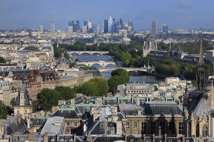 France, Paris (75), vue générale depuis la cathédrale Notre-Dame de Paris avec les rives de la Seine classées Patrimoine Mondial de l'UNESCO et les tours de la Défense
