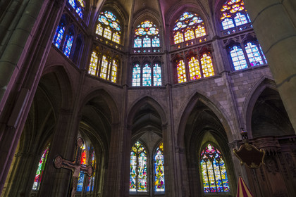 France, Nièvre, Nevers, Saint Cyr et Sainte Julitte cathedral, contemporary stained glass windows by artists Jean-Michel Alberola, Claude Viallat, Gottfried Honegger, Raoul Ubac and François Rouan in Gothic architecture
