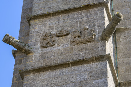 France, Finistère, Roscoff, Notre-Dame de Croaz Batz church, caravels sculpted on the bell tower remind us the donors, the carved cannons are aimed at england
