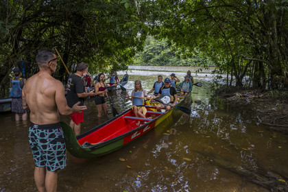 France, French Guiana, Kourou, Camp Maripas, training in handling a P12 dugout canoe (traditional Guyanese pirogue adapted in resin) on the Kourou River