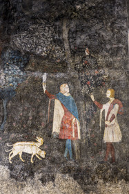 France, Vaucluse (84), Avignon, Palais des Papes classé Patrimoine mondial de l'UNESCO, tour de la Garde-Robe, chambre du Cerf, studium ou cabinet de travail de Clément VI, qui évoque dans un panorama ininterrompu les plaisirs seigneuriaux dont diverses techniques de chasse et de pêches, chasse au faucon