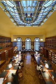 France, Marne, Reims, the Carnegie Library in Art Nouveau style, the three bay windows and the glass roof of the reading room were designed by the master glassmaker of Nancy Jacques Gruber