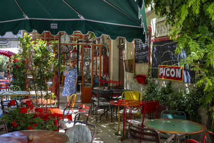 France, Bouches du Rhone, Regional Natural Park of the Alpilles, Saint Remy de Provence, terrace of the restaurant Le Bistrot de Marie, an address appreciated by Charles Aznavour