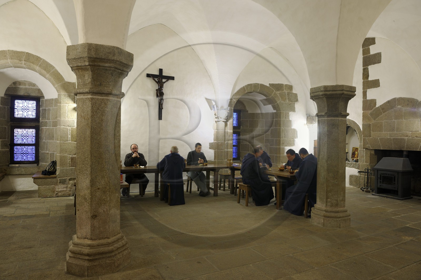 France, Manche, the abbey of Mont Saint Michel, listed as World Heritage by UNESCO, breakfast in the current refectory of the monks of Monastic Fraternities of Jerusalem in the lodgings