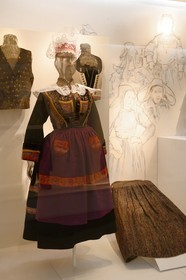 France, Ille-et-Vilaine, Rennes, building of Champs Libres from architect Christian de Portzamparc, the Brittany Museum (Musée de Bretagne), woman in costume Elliant finistere 1890