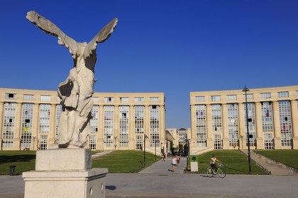 France, Herault, Montpellier, Antigone District, Esplanade de l'Europe by the architect Ricardo Bofill and the replica of the Winged Victory of Samothrace also called the Nike of Samothrace