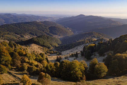 France, Haut Rhin, Wasserbourg, massif of the Vosges bordering the plain of Alsace (in the background) from the Petit Ballon mountain (aerial view)
