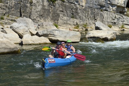 France, Ardeche, Ruoms, kayaks going down the Ardeche River in the Ruoms to Pradons Narrow Pass, rapids at the cirque de Giens
