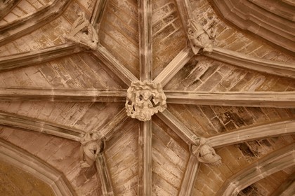 France, Dordogne,  Perigord Noir, Le Buisson de Cadouin, former cistercian abbey church, stage on the Camino de Santiago (Way of St. James) listed as World Heritage by UNESCO, the cloister of the 15th century, the Last Judgement represented by Christ Judge surrounded by angels musicians (Keystone)