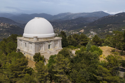 France, Alpes-Maritimes, Nice, Mont Gros, the observatory designed by the architect Charles Garnier, the Bischoffsheim dome was made by the engineer Gustave Eiffel, the astronomical telescope fitted to the Grand Equatorial, 18 meters long, with a lens 76 cm in diameter (aerial view)
