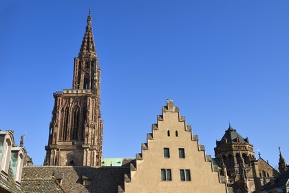France, Bas Rhin, Strasbourg, old town listed as World Heritage by UNESCO, Notre Dame Cathedral behind the buildings of the Fondation de l'Oeuvre Notre-Dame with crow-stepped gable