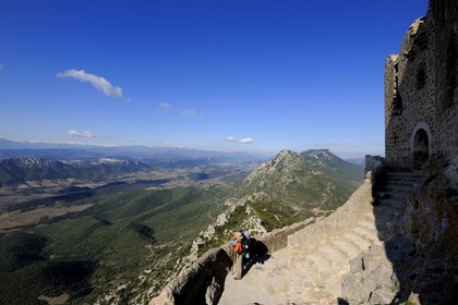 France, Aude, Cathar castle of Queribus, in front of Maury plain and the Pyrenees