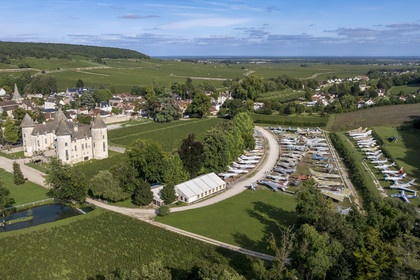 France, Cote d'Or, Climats terroirs of Burgundy listed as World Heritage by UNESCO, Côte de Beaune, Savigny-les-Beaune, the castle with museums and collections of fighter planes, Abarth racing cars, motorcycles, straddle tractors, models, fire trucks (aerial view)