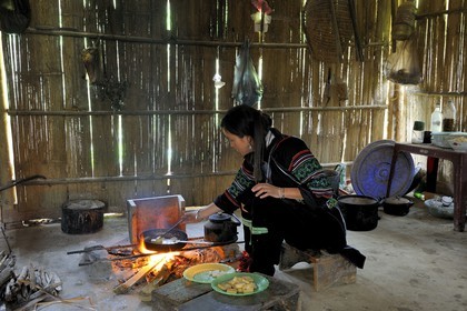 Vietnam, Lao Cai province, Sapa district, inside a house of a Black Hmong ethnic group, daily life in the kitchen cooking the Tofu