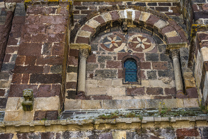 France, Haute-Loire (43), Le Monastier-sur-Gazeille, hiking with a donkey on the Robert Louis Stevenson Trail (GR 70), Saint-Theofrede also called Saint Chaffre abbey church