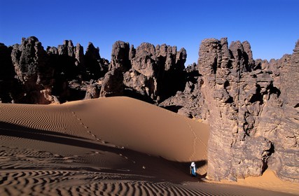 Libya, region of the desert, the Fezzan (Sahara), Tuareg walking between the needles of sandstone of Tassili of Maghidet (Algerian frontier)