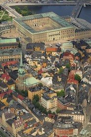 Sweden, Stockholm, Gamla Stan island (old town) and the royal Palace (aerial view)