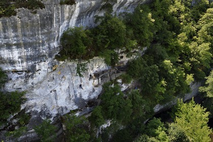 France, Dordogne (24), Périgord Noir, vallée de la Vézère, site préhistorique et grotte ornée classés Patrimoine Mondial de l'UNESCO, Peyzac-le-Moustier, falaise de La Roque-Saint-Christophe, site troglotytique datant de la Préhistoire, abris sous roche (vue aérienne)