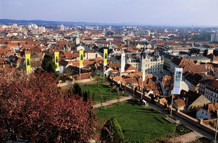 Austria, Styria, Graz, historic center listed as World Heritage by UNESCO, view of the old town from the clock tower (Uhrturm) on the Schlossberg