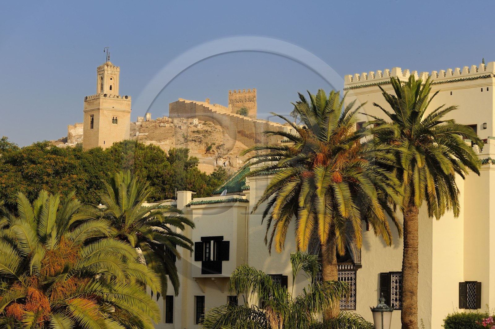 Maroc, Moyen Atlas, Fès, ville impériale, hôtel Sofitel Palais Jamai sous le minaret de la mosquée Bab Guissa et les remparts de la ville Maroc, Moyen Atlas, Fès, ville impériale, hôtel Sofitel Palais Jamai sous le minaret de la mosquée Bab Guissa et les remparts de la ville