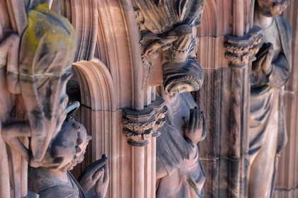 France, Bas Rhin, Strasbourg, old town listed as World Heritage by UNESCO, Notre Dame Cathedral, the western facade, the gallery of the apostles, deformed and chimerical beings on the columns between the apostles