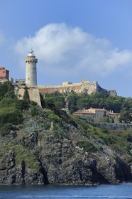 Italy, Tuscany, Elba Island, the Medici fortifications, the lighthouse Portoferraio and the house of Napoleon 1st in the Palazzina dei Mulini on the edge of the cliff