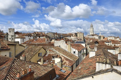 France, Dordogne, White Perigord, Perigueux, view from the Mataguerre tower over the rooftops of the old town and Saint Front Cathedral, stop on Route of Santiago de Compostela listed as World Heritage by UNESCO