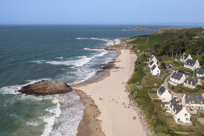 France, Cotes d'Armor, Grand Site de France Cap d'Erquy - Cap Frehel, Erquy, Guen beach and the Saint-Michel chapel in the background (aerial view)
