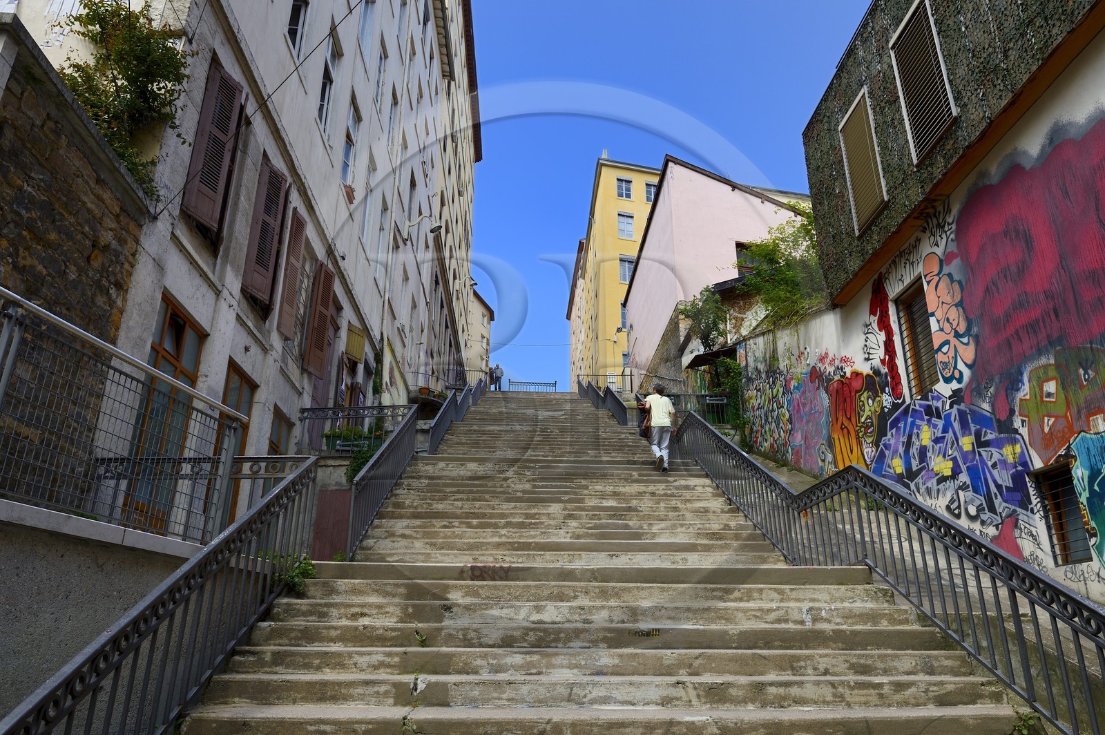 France, Rhône (69), Lyon, site historique classé Patrimoine Mondial de l'UNESCO, quartier de la Croix-Rousse, escalier de la rue Pouteau