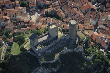 France, Ariege, Foix, 10th-15th centuries castle (aerial view)