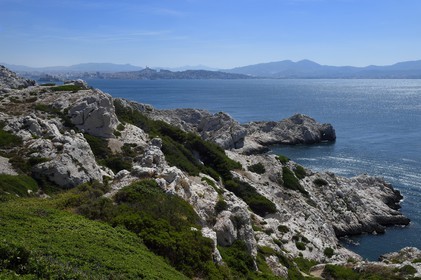 France, Bouches du Rhone, Marseille, Calanques National Park, archipelago of Frioul islands, Pomegues island and the Marseille skyline in the background
