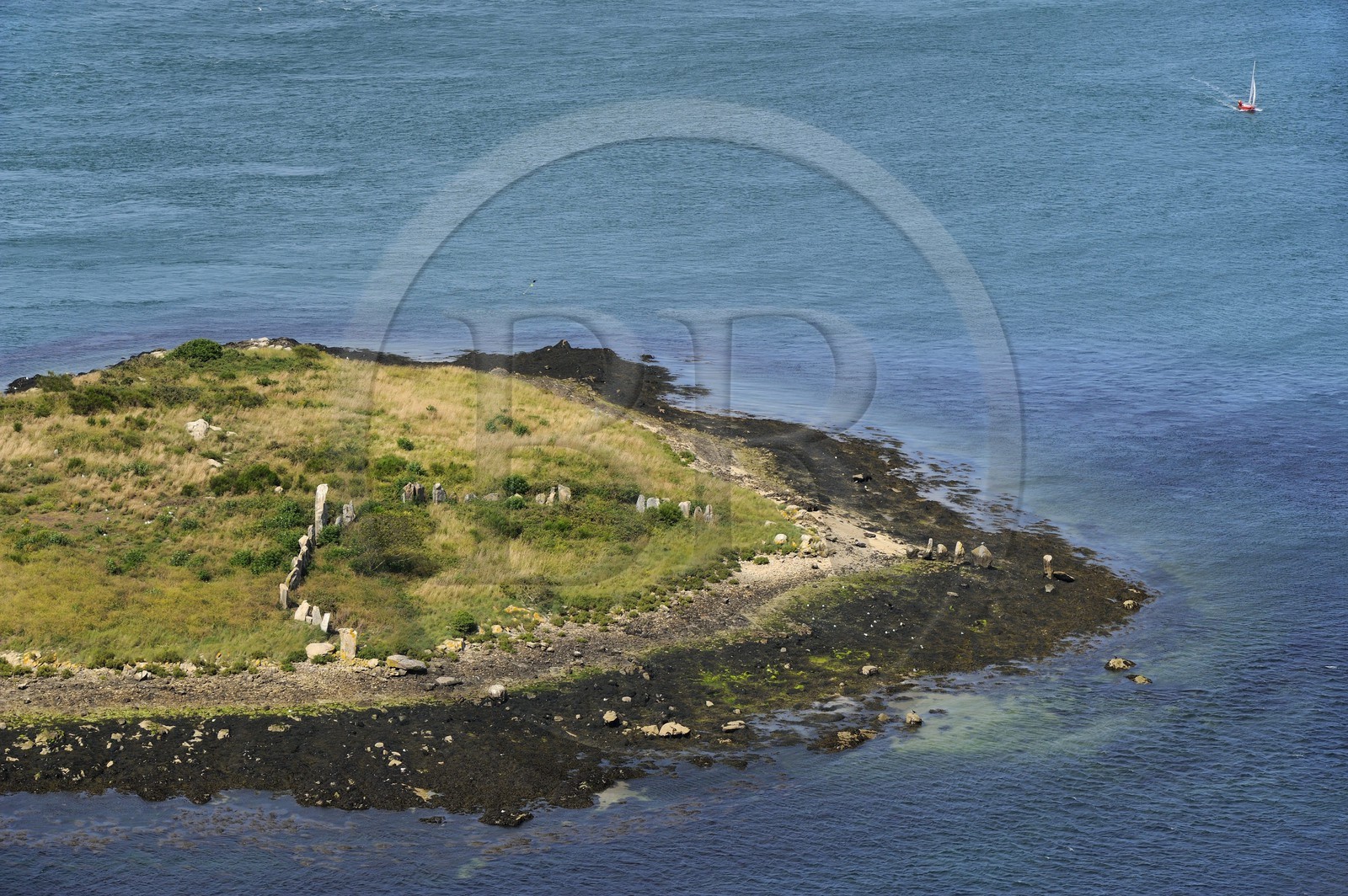 France, Morbihan (56), Golfe du Morbihan, île d'Er Lannic avec un site mégalithique cromlec'h (vue aérienne)